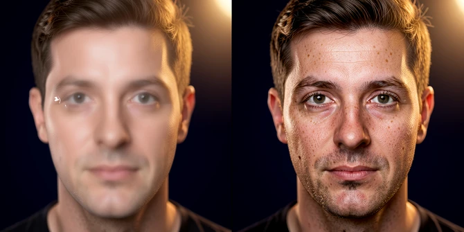 A two-panel before-and-after image showing an AI-generated portrait of a man in his thirties. The left panel shows a slightly plastic, blurry version of his face with a smoothed skin texture and a small artifact near the left eye. The right panel shows the same portrait after refinement: sharper eye details, realistic skin pores, and the artifact corrected. Both panels share the same warm studio lighting from the upper right, with gentle falloff into a deep navy background. The mood is clean and demonstrative, resembling a professional retouching case study.