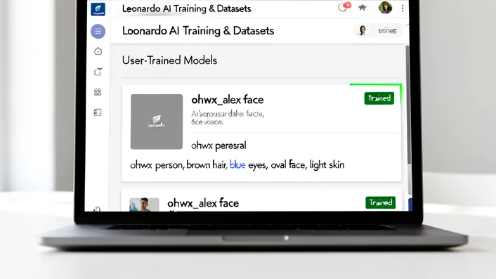 A close-up screenshot view of the Leonardo AI Training & Datasets dashboard, displayed on a laptop screen. The screen shows a list of user-trained models, with one card highlighted: it has a placeholder gray thumbnail with the small Leonardo logo, the model name `ohwx_alex_face`, the description field below it reading `ohwx person, brown hair, blue eyes, oval face, light skin`, and a green status label `Trained`. The laptop sits on a clean white desk under soft diffused daylight from the left, casting a faint shadow beneath the device. The mood is focused and analytical, like a tutorial illustration.