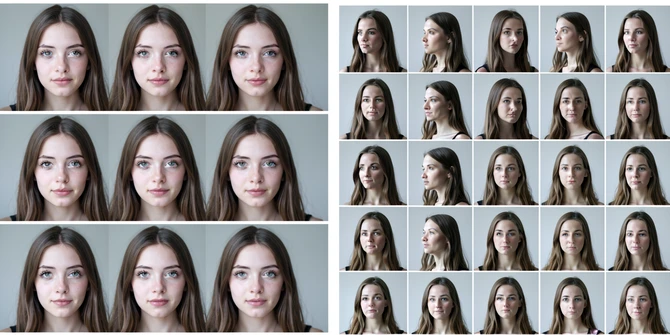 A side-by-side comparison grid showing two photo datasets prepared for AI fine-tuning. On the left, five nearly identical front-facing selfies of the same young woman, all taken with the same expression and lighting. On the right, twenty diverse portrait photographs of the same woman arranged in a clean grid, featuring varied angles including profile, three-quarter, and frontal shots, different facial expressions, and a plain light-gray background behind every shot. Soft, even daylight from a north-facing window falls on her face, producing gentle shadows and a neutral cool color temperature. The atmosphere is calm and editorial, like a casting reference sheet.