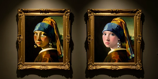 Two portrait paintings side by side showing the same modern woman's face composited into Vermeer's Girl with a Pearl Earring, the left version produced by a specialized service with crisp oil-paint texture and matched warm candlelight, the right by a universal face-swap with smoother plastic-looking skin under slightly cooler light, both framed inside ornate gilded baroque frames hanging on a dim museum wall, soft museum spotlighting from the upper left casting gentle directional warm tungsten light, calm restrained editorial atmosphere.