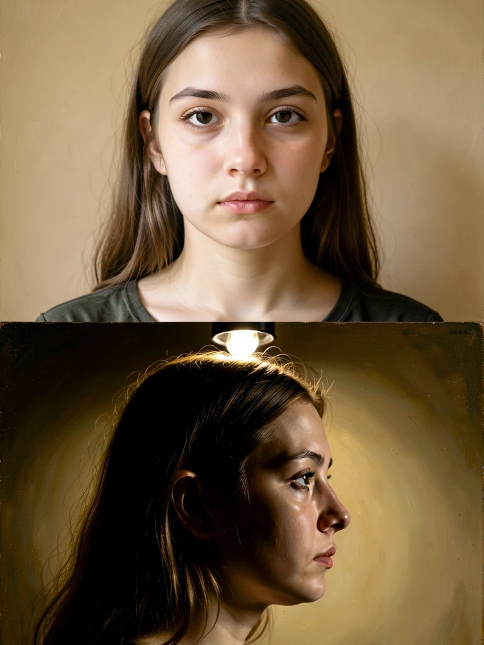 A vertical comparison of two close-up reference photos of the same young woman intended for face-swap into an old-master oil portrait, the upper photo showing a clean frontal pose under even soft window light with neutral expression and sharp facial detail, the lower photo showing the same person in harsh side profile with strong contrasty shadows from a single overhead bulb, both shot against a plain warm beige wall in a quiet home studio, calm instructional atmosphere with a subtle editorial feel.