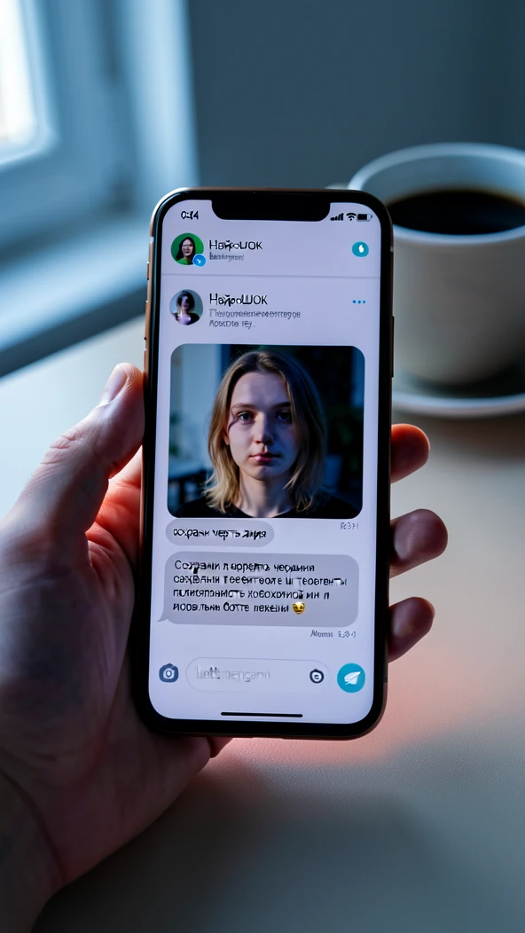 A smartphone held in one hand displaying an open Telegram chat with the НейроШОК bot, the screen showing a freshly uploaded portrait photo with a Russian-language prompt being typed in the message field reading «сохрани черты лица». The phone rests against a plain light desk with a blurred coffee mug behind it. Cool screen glow lights the fingertips from below while soft daylight from a window on the left warms the phone edge. Calm, focused, everyday workspace mood.