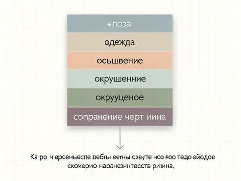A clean instructional diagram breaking a face-replacement prompt into five stacked labeled blocks reading «поза», «одежда», «освещение», «окружение» and «сохранение черт лица», each block a different muted color connected by thin downward arrows to a single example sentence at the bottom. The layout sits on an off-white background with a faint grid. Even soft shadowless studio lighting keeps every label crisp and readable. Tidy modern didactic editorial style.
