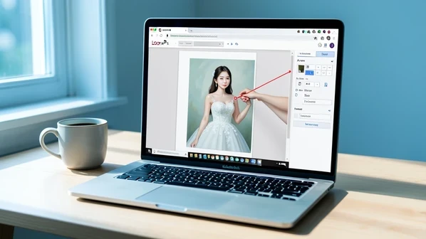 A laptop screen showing the LoonaPix bride template editor, where a young woman drags and rotates her uploaded portrait to fit a painted wedding dress figure, her cursor pulling a corner handle of the face frame. The browser sits on a light wooden desk beside a coffee cup. Soft cool daylight from a window on the left falls across the keyboard, casting a gentle shadow to the right. Calm, focused everyday workspace mood.