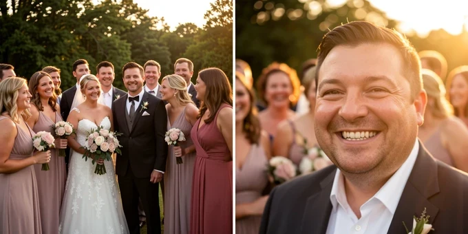 A split before-and-after view of the same group wedding photo, on the left an outdoor group of guests around the bride and groom with one empty gap, on the right the same shot with a smiling man's face naturally swapped into that spot. A thin vertical divider line splits the two halves. Warm golden-hour sunlight rakes across the scene from the right, softening skin tones and matching shadows on both faces. Celebratory, seamless documentary mood.