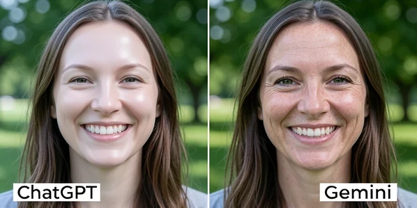 A side-by-side portrait comparison of the same smiling woman whose face was swapped onto a casual park snapshot by two AI tools. The left half shows a smooth waxy face with flattened poreless skin; the right half shows crisp natural skin texture and sharper eyes. Behind her sits softly blurred green foliage. A thin white sans-serif label "ChatGPT" rests in the lower-left corner and "Gemini" in the lower-right. Soft diffused midday daylight from the upper left, cool neutral white balance, falling evenly to expose the texture gap. Clean documentary comparison mood.