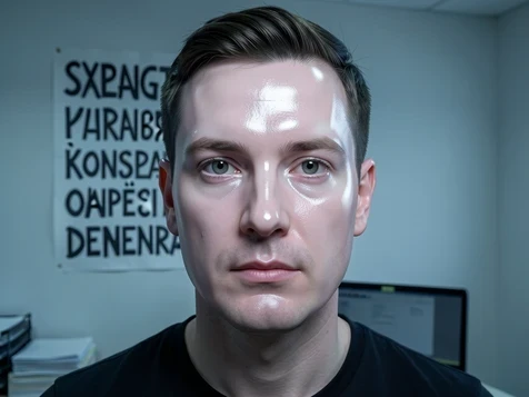 A single ChatGPT face-swap output showing a man's face rendered with an unnaturally smooth plastic surface, pores and fine lines erased, the swapped face slightly mismatched to the head. Behind him the original office background has been quietly altered and a wall poster repainted with garbled fake lettering. Flat frontal studio lighting, neutral cool tone, harsh enough to expose the waxy sheen on forehead and cheeks. Uncanny, faintly artificial atmosphere.