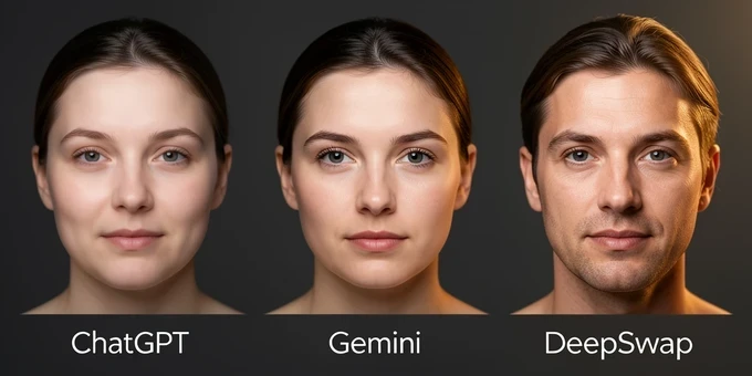 Three face-swap results of one identical source portrait lined up horizontally, produced by ChatGPT, Gemini and a dedicated DeepSwap engine. The first two faces look softened and partly off; the third is crisp, sharply aligned and photorealistic at 4K detail. A neutral dark studio background sits behind the row, with thin white sans-serif labels "ChatGPT", "Gemini" and "DeepSwap" placed beneath each face. Controlled soft key light from the right, warm-neutral balance, sculpting each face to highlight the sharpness gap. Clean benchmark-comparison atmosphere.