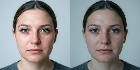 Two versions of the same uploaded headshot placed next to each other to show resolution loss after Gemini editing. The left frame is a sharp high-resolution original with visible eyelashes and fabric weave; the right frame is the Gemini output, noticeably softer and lower in detail with mushy edges. A plain light-gray studio backdrop sits behind both. Even soft frontal light, cool daylight balance, raking gently across the skin to reveal the lost fine detail. Technical, analytical mood.