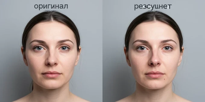 A side-by-side comparison of one woman's face, her real reference photo on the left and an AI face swap on the right that widened the nose and erased a small cheek mole. Both heads are cropped tight at identical scale on a plain grey studio wall, with thin labels reading 'оригинал' and 'результат' set above each face in dark grey sans-serif caps. Soft frontal softbox light, cool neutral white, falls evenly across both faces so the shifted eye spacing and lip curve stay plainly visible.