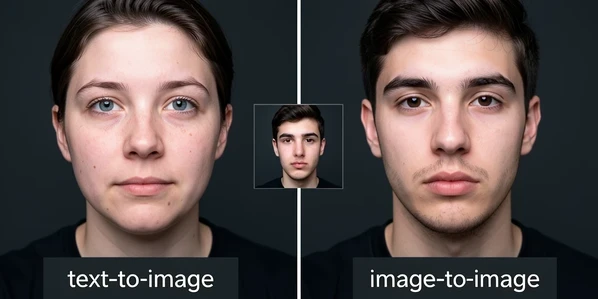A split-screen result from one selfie, the left half labeled 'text-to-image' showing a random stranger's face and the right half labeled 'image-to-image' showing a close match to the source person. The same young man's reference sits as a small inset square between the two halves on a dark slate background, with a thin vertical white divider splitting the frame. Cool even studio light from straight ahead keeps both generated faces equally lit, flattening shadows so the identity differences read clearly.