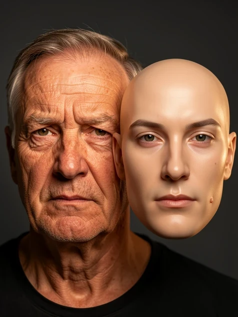 A close-up portrait of an older man whose AI-generated version floats beside his real face, the synthetic one visibly younger with smoothed plastic skin, a removed cheek mole and forced left-right symmetry. He faces the camera against a soft charcoal background, with fine wrinkles and one crooked eyebrow surviving only on the real face. Warm key light from the upper left rakes across the skin, exposing real texture on one side and an unnatural matte sheen on the averaged one.