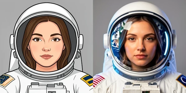 Split-screen comparison of one young woman's selfie transformed into a cosmonaut. On the left, a flat cartoon-style template photomontage with her face pasted into a generic spacesuit illustration. On the right, a realistic AI-generated portrait of the same woman wearing a detailed white spacesuit and helmet with Earth reflected in the visor. Studio softbox lighting from the upper left, cool blue rim light tracing the helmet edges, warm skin tones preserved on both faces. Clean neutral grey backdrop, sharp focus on facial features, calm confident mood.