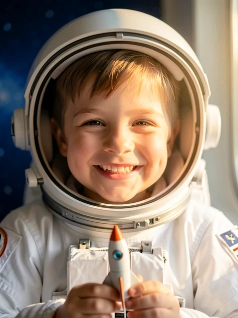 A cheerful seven-year-old child smiling inside a white cosmonaut suit and open helmet, generated from a single selfie. The child holds a small toy rocket, soft window daylight falling from the right across the round cheeks and preserving natural skin tone. Behind, a softly blurred deep-blue space backdrop with faint stars. Gentle warm key light, tender protective mood, sharp focus on the child's recognisable face.