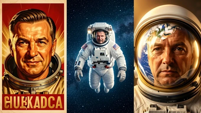 Three portrait variations of the same middle-aged man rendered as a cosmonaut, arranged side by side. First a retro Soviet propaganda poster style with bold red and gold tones and his confident face. Second a spacewalk scene with him floating against a star field in a white suit. Third a close helmet shot with planet Earth mirrored across the curved gold visor, his eyes visible inside. Dramatic directional lighting per panel, warm poster light on the left, cold cosmic blue in the centre, soft amber Earthlight on the right, consistent facial likeness across all three.