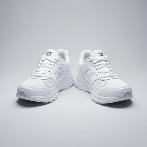 A pair of white running sneakers shown in a before-and-after product shot, transformed from sitting on a busy patterned rug to standing on a clean light-grey studio backdrop with a soft contact shadow beneath them. Set as an e-commerce product card on a plain surface. Crisp detail in shoe stitching, laces and the gentle gradient of the seamless backdrop. Even soft diffused studio lighting from above and front, cool-neutral white balance, gentle shadow grounding the shoes. Clean commercial catalog atmosphere, sharp product photography style.