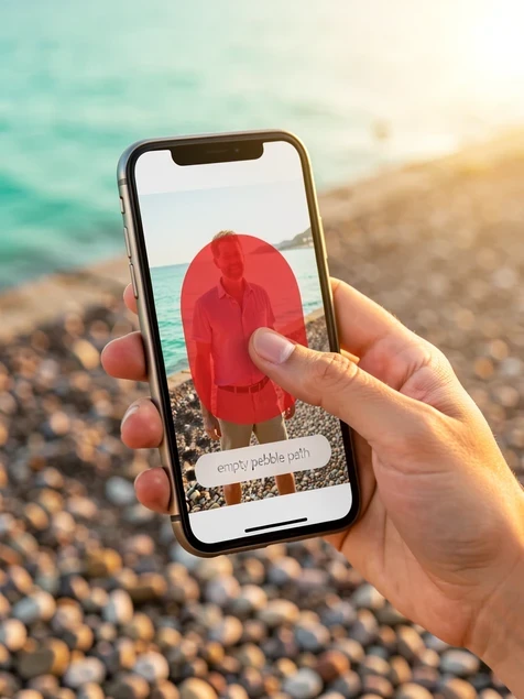 A person's hand holding a smartphone, finger mid-swipe brushing over a stranger standing in a vacation photo on screen. Set outdoors on a pebbled seaside path with blurred turquoise water behind. On the phone screen a translucent red selection mask covers the stranger and a text field reads "empty pebble path" in small grey lowercase sans-serif. Soft late-afternoon sunlight from the right, warm golden tone falling across the screen and the hand. Calm, practical everyday-use atmosphere, crisp lifestyle photography style.