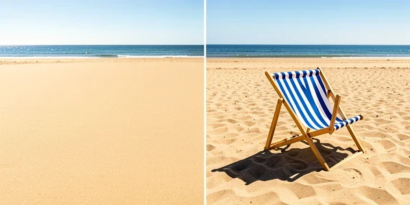 A split-frame photo comparison of a sunny beach scene showing the same striped umbrella spot handled two ways. On the left half the umbrella is gone, leaving smooth raw sand blended from surroundings; on the right half a striped folding deck chair stands in its place with a cast shadow angled to match nearby objects. Set on a wide coastal beach with soft sand and distant sea. Fine grain detail in sand texture and fabric stripes. Bright midday sunlight from upper left, warm and slightly harsh, throwing crisp short shadows. Clear instructional atmosphere, clean editorial documentary style.