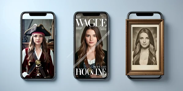 Three side-by-side smartphone screens show the same young woman's portrait inserted into three different photo templates, left a pirate costume scene, center a glossy magazine cover, right a vintage photo frame. The center screen carries a faint diagonal watermark across the image while the left screen stays clean. Studio light falls soft and cool from the upper left, throwing gentle shadows under each phone on a pale grey desk. Crisp editorial product photography, calm and analytical mood.