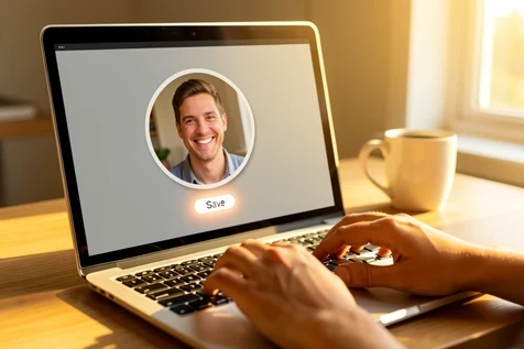 A person's smiling face sits neatly inside a round avatar frame on a laptop screen, a save button glowing just below the preview. The hands rest on the trackpad mid-click. The scene is a tidy home desk with a coffee mug out of focus behind the laptop. Warm afternoon light enters from a window on the right, washing the keyboard in soft gold and leaving a gentle highlight on the screen edge. Relaxed, everyday mood, realistic photography.