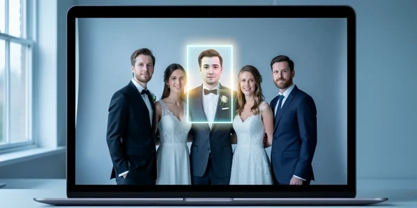 A group wedding photo of five people standing shoulder to shoulder, with the AI face swap interface mid-process replacing the wrong face: a glowing selection box jumps from the central person to the guest on the left. Set against a soft studio backdrop on a laptop screen. Crisp detail on each face, subtle digital seam where the swap misaligns. Soft cool daylight from a window on the left falls evenly across the screen, low glare. Calm, slightly cautionary mood.