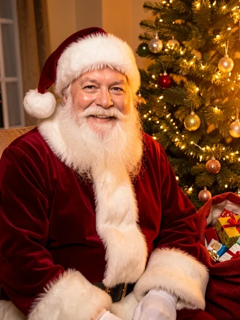 A friendly Santa Claus generated from a user selfie, sitting waist-up in a deep red velvet coat with white fur trim beside a decorated fir tree. A sack of gifts rests at his side while he looks directly into the camera. Warm amber glow from garland lights washes across his face from the right side, soft and diffused. Cozy holiday atmosphere, photorealistic.