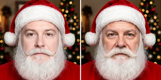 A side-by-side comparison of one face-swap attempt on a Santa portrait, the left frame showing an inserted face with a paler mismatched skin tone and a visible seam along the jawline, the right frame showing the corrected version with even, matching tone. A blurred festive interior sits behind both. Flat even frontal studio light exposes the editing flaw clearly. Instructive, critical mood, photorealistic.