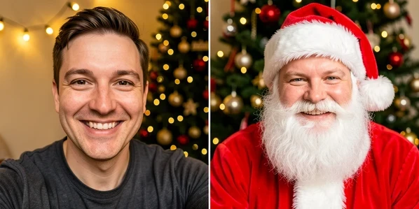 A split before-and-after portrait of the same smiling man, his plain everyday selfie on the left and his face seamlessly placed into a red Santa costume with a white beard and fur-trimmed hat on the right. He sits in front of a softly blurred decorated Christmas tree. Warm golden light from string lights falls from the upper left, casting gentle shadows across both frames. Cheerful festive mood, photorealistic.