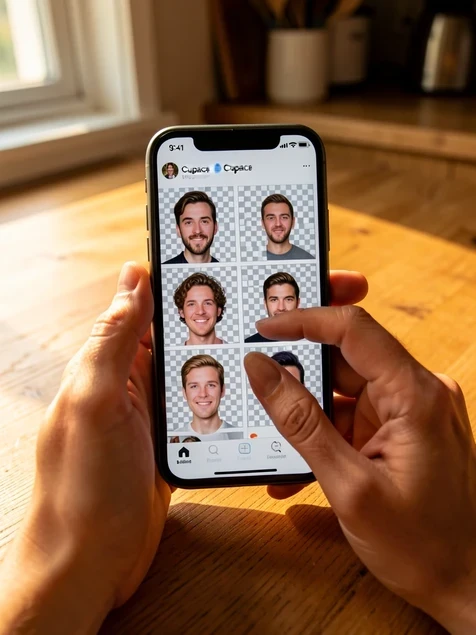 A smartphone held in two hands showing the Cupace face gallery, a grid of six previously cut-out faces with transparent checkered backgrounds, one face being dragged onto a new meme photo on the canvas above. The hands tap the screen indoors at a kitchen table. Soft warm window light from the left falls across the phone, casting a gentle shadow on the wooden surface, screen glowing slightly brighter than the room. Casual everyday atmosphere.