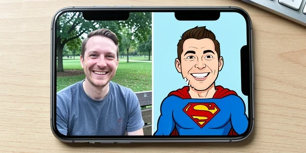 A split before-and-after comparison on a phone screen. Left half shows an ordinary candid photo of a smiling man at a park bench. Right half shows the same scene turned into a meme, his face swapped onto a cartoonish superhero body with a slightly visible cut edge around the jaw. The phone rests on a desk. Cool even daylight from a nearby window lights both halves equally, flat and neutral, minimal shadows. Playful informal mood.