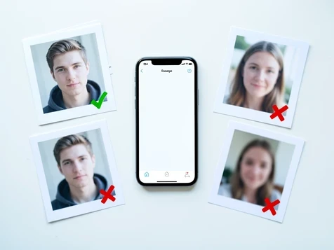 A flat-lay of a smartphone surrounded by four printed portrait photos, two sharp front-facing headshots with even daylight marked with a green check, two blurry filtered selfies marked with a red cross. Bright soft overhead daylight falls evenly across the white desk surface, cool and neutral in temperature, making the sharp photos crisp and the rejected ones visibly soft. Clean instructional checklist atmosphere.