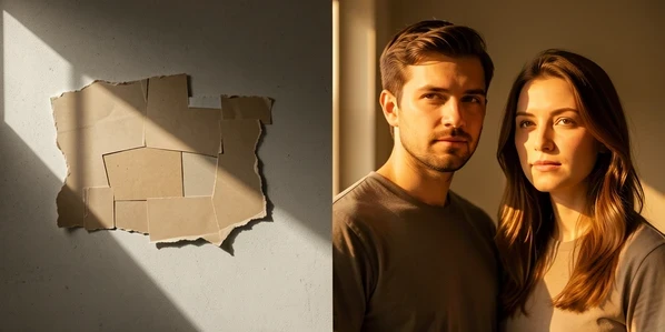 A split-screen comparison of two people merged into one photo, left half showing a crude cut-out collage with mismatched edges and shadows, right half showing a seamless AI merge where a man and a woman stand together with unified warm light. Soft window light falls from the left at a low angle, casting gentle matching shadows on both faces in the right panel while the left panel looks flat and harshly lit. Calm, illustrative, documentary atmosphere.