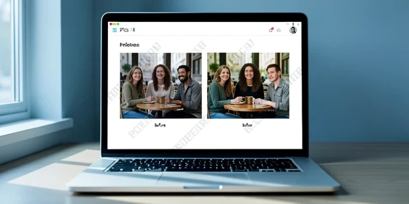 A laptop screen showing the Pica AI web interface mid-process, swapping three faces on a single group photo of friends at a cafe table. The before version sits on the left, the recolored swapped version on the right, with a faint diagonal watermark across both previews. Soft cool daylight from a window on the left rakes across the keyboard and casts a gentle shadow behind the laptop. Calm, focused workspace mood.