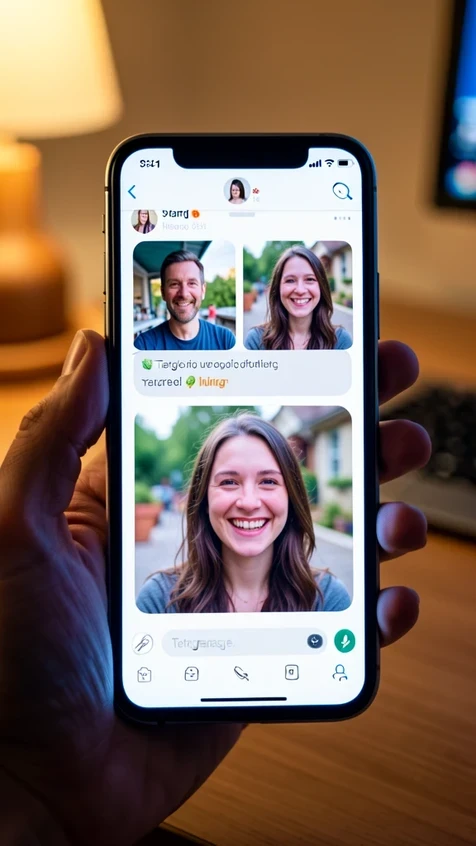 A smartphone held in one hand showing a Telegram chat screen where two uploaded source photos sit above a freshly generated result image of a smiling woman whose face has been swapped onto a new scene. The chat bubbles and a paperclip attach icon are visible at the bottom. The phone screen glows brightly against a softly blurred desk background. Warm indoor light from the left, soft and slightly directional, reflecting on the glass screen with cool highlights. Casual real-use atmosphere.