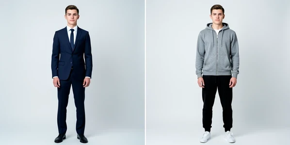 A split before-and-after portrait of the same young man, left half wearing a tailored navy business suit and right half wearing a grey hooded sweatshirt with black joggers and white sneakers. He stands in the identical relaxed pose with the same calm facial expression on both sides. Plain light studio backdrop behind him. Fine fabric texture visible, metal zipper detail on the hoodie. Soft diffused frontal light from a large softbox, cool neutral white temperature, gentle shadows falling evenly across the face and clothing. Clean editorial comparison framing.