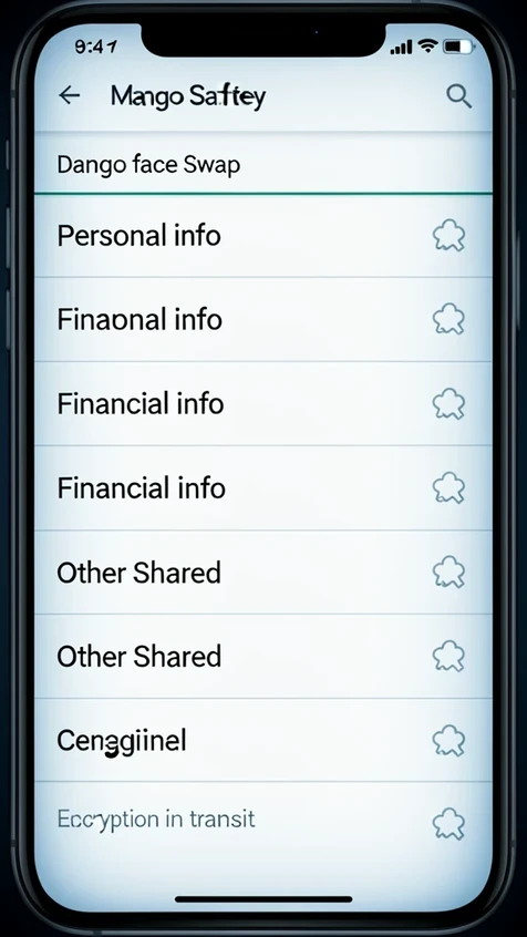 A vertical mobile screen capture of the Google Play data safety section for the Mango face swap app, listing rows that read personal info, financial info and other shared categories with small share icons beside them, plus a note line about encryption in transit. Framed as a clean smartphone screenshot held upright. Soft diffuse screen glow as the only light source, cool bluish white tone lifting the list rows, sober cautionary atmosphere.