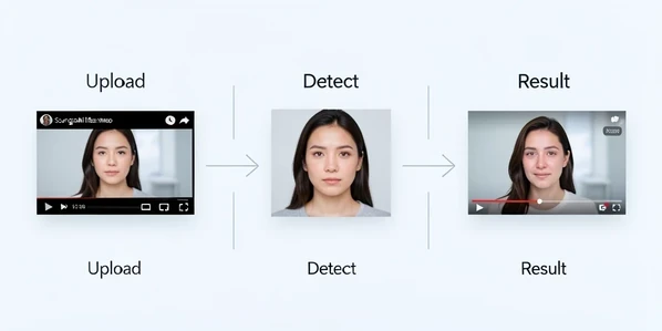 A horizontal three-step diagram showing the Mango AI face swap flow, where a source video thumbnail on the left and a single frontal portrait photo in the center feed arrows into a rendered output clip on the right with a new face composited onto the moving subject. Set against a clean light studio interface with thin labeled arrows reading the upload, detect and result stages. Soft even frontal lighting, cool neutral white tones falling flat across the panels, calm explanatory mood.