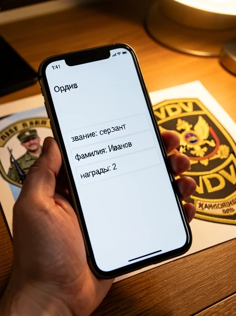Close-up of a smartphone screen showing an order form for manual photo retouching, with typed Russian text in the comment field listing "звание: сержант", "фамилия: Иванов" and "награды: 2" in a plain dark sans-serif against a white form. A hand holds the phone at a slight angle over a wooden desk where a printed reference photo of VDV insignia lies nearby. Warm desk-lamp light from the upper right, soft and slightly golden, glints on the glossy screen edge. Practical, focused workspace atmosphere.