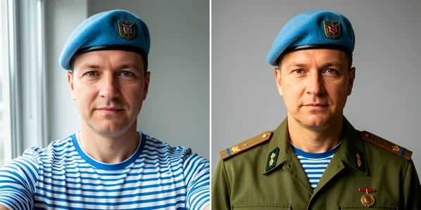 Split-screen before-and-after of one man, ordinary indoor selfie on the left and his face placed into a paratrooper portrait on the right wearing a sky-blue VDV beret and blue-white striped telnyashka. He keeps the same calm expression in both halves while the right half shows pressed uniform, shoulder patches, and a single medal. The setting is a plain studio backdrop. Even soft frontal light from a large window on the left, cool and neutral on the selfie, slightly warmer and directional on the uniform side. Clean editorial atmosphere that makes the transformation obvious.