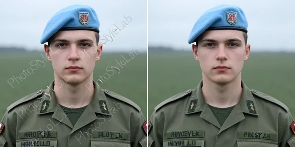 Side-by-side comparison of the same generated portrait of a young man in VDV paratrooper uniform with a sky-blue beret. The left copy carries a faint repeated diagonal watermark reading "PhotoStyleLab" in light gray semi-transparent sans-serif across the image, the right copy is clean without any overlay. He faces the camera with a steady gaze in both frames against a muted green field background. Soft overcast daylight from the upper left, cool and diffuse, gives flat even shadows. Informational, neutral mood that highlights the watermark difference.