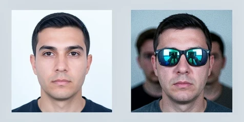 Two passport-style selfie thumbnails placed next to each other for comparison, the left one good with a man looking straight at the camera, no glasses, sharp focus and a single clearly lit face, the right one bad showing the same man wearing reflective sunglasses with a second blurred person behind him and grainy low resolution. Both sit on a neutral light-gray card surface. Flat soft frontal light, cool and even on the good shot, uneven and dim on the bad one. Clear instructional mood contrasting right from wrong.