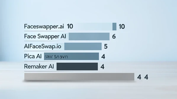 A clean horizontal bar chart ranking five face-swap services by free daily swaps, bars descending from left to right labeled "Faceswapper.ai 10", "Face Swapper AI 6", "AIFaceSwap.io 5", "Pica AI 4", "Remaker AI 4", the Remaker AI bar greyed out as the baseline. Set against a soft studio backdrop on a flat desk surface. Crisp sans-serif numerals sit at each bar tip in dark charcoal. Lit by even soft cool daylight from the upper left, gentle shadows under each bar, calm and analytical mood.
