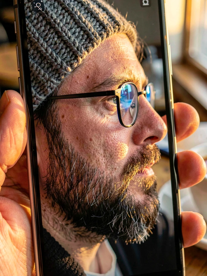 A real-life iPhone screen close-up shows a side-profile portrait of a bearded man wearing thin black glasses and a knitted beanie, with a subtle face swap result smoothly blended along the jawline. The phone is held in a person's hand at a slight angle. Soft late-afternoon window light from the right creates warm golden tones on skin and cool blue reflections on the glasses. Background: blurred wooden cafe table. Atmosphere: practical, hands-on review. Style: documentary photography, shallow depth of field.