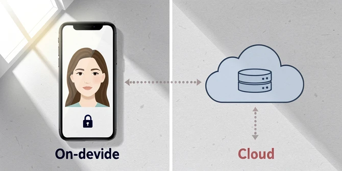 A clean side-by-side comparison illustration shows the same iPhone photo being processed two ways. On the left, the phone displays a face swap happening locally with a small lock icon and the label "On-device" in dark navy text. On the right, the photo travels through dotted upload arrows to a stylized cloud server with the label "Cloud" in muted red. Soft daylight from a top-left window creates gentle shadows on a pale grey desk surface. Atmosphere: editorial, calm, technical. Style: flat vector with subtle paper texture.
