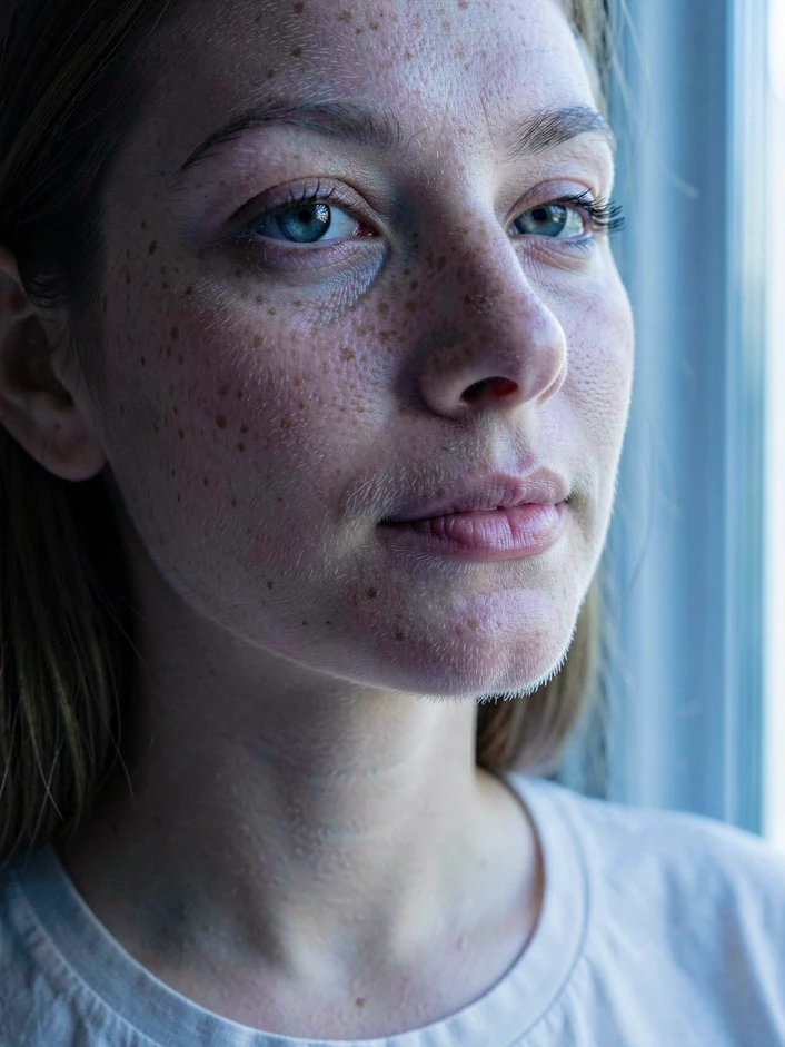 A close-up portrait of a woman with subtle freckles across her nose and cheekbones, fine peach fuzz catching light, generated by Seedream 4.5 with a small unwanted text label visible on her shirt that the prompt explicitly forbade, soft north-window daylight from camera-right at low angle, cool 6000K temperature creating gentle blue shadows in the neck area. Style: high-detail editorial skin study. Mood: realistic with a single intrusive artifact.