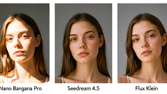 A studio comparison sheet showing the same young woman's face in three of vertical panels labeled Nano Banana Pro, Seedream 4.5, and Flux Klein, each panel rendering her with a 35mm fashion editorial pose, soft daylight from a large overhead softbox falling at 45 degrees from camera-left, warm 5200K color temperature, gentle shadows under the cheekbones, subtle catchlights in the eyes, neutral grey paper backdrop. Style: editorial photography test sheet. Mood: clinical and analytical.