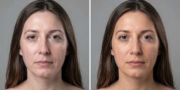 A side-by-side comparison of the same woman's face rendered at strength 0.7 on the left where her features have drifted toward an average face losing the original nose shape and eye spacing, and at strength 0.92 on the right where her exact features are preserved including the original nose bridge and lip shape, both panels under identical soft frontal studio lighting from a 5000K beauty dish at eye level, neutral grey backdrop. Style: technical reference comparison. Mood: instructional and clear.