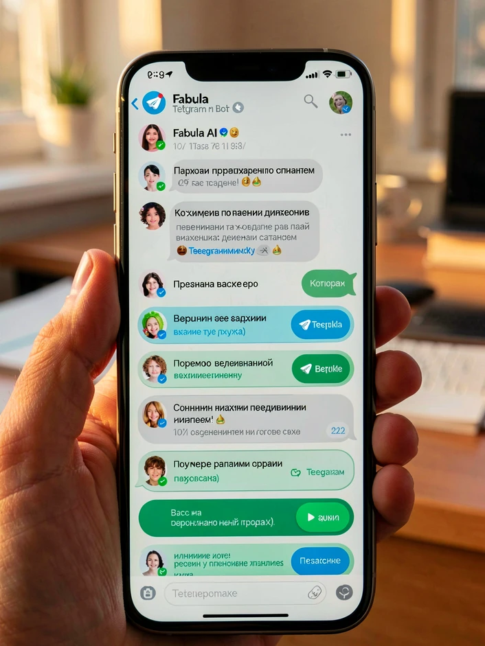 A modern smartphone held in a hand at chest level, screen filled with the Fabula AI Telegram bot interface showing a chat thread with inline buttons labeled in Russian for face swap and avatar generation. The phone is photographed in a quiet home office with a softly out-of-focus desk in the background. Lighting is warm afternoon light from a side window, gently illuminating the screen and creating a soft highlight on the phone bezel. Style: realistic product photography. Mood: practical and inviting.