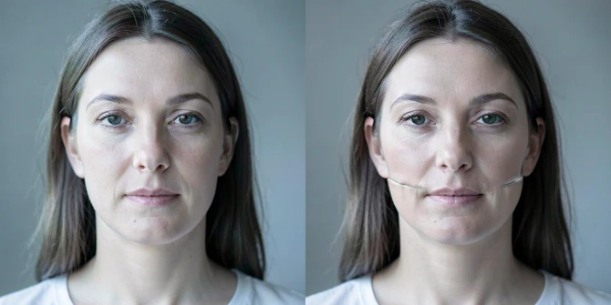 Side-by-side comparison of two portrait photographs against a soft neutral grey backdrop. The left frame shows a sharp daylight portrait of a woman in her thirties with even skin tones and clear facial landmarks. The right frame shows the same composition with a different but visually similar face swapped in by an AI model, slight blending seam visible along the jawline. Lighting is soft window light from the left, cool daylight temperature, falling gently on cheeks and forehead. Style: clean editorial photography. Mood: analytical and demonstrative.