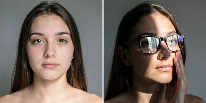 A two-panel comparison showing two portrait selfies side by side. On the left, a young woman faces the camera straight on with even soft window light, open forehead, no glasses, and clear skin tones. On the right, the same woman is photographed at a sharp three-quarter angle with hand partially covering her cheek, harsh overhead shadow falling across one eye, and reflective glasses obscuring her gaze. Plain neutral grey backdrop in both halves. Style: clean studio reference photography. Mood: instructional and matter-of-fact.